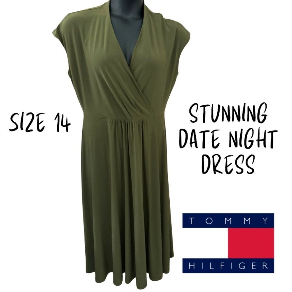 Tommy Hilfiger Olive Green Knee-length V Neck Dress with Sleeves, Size 14